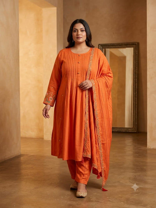 Women's Orange Mal Chanderi Embroidered Anarkali Suit Set with Designer Dupatta (3XL–8XL)