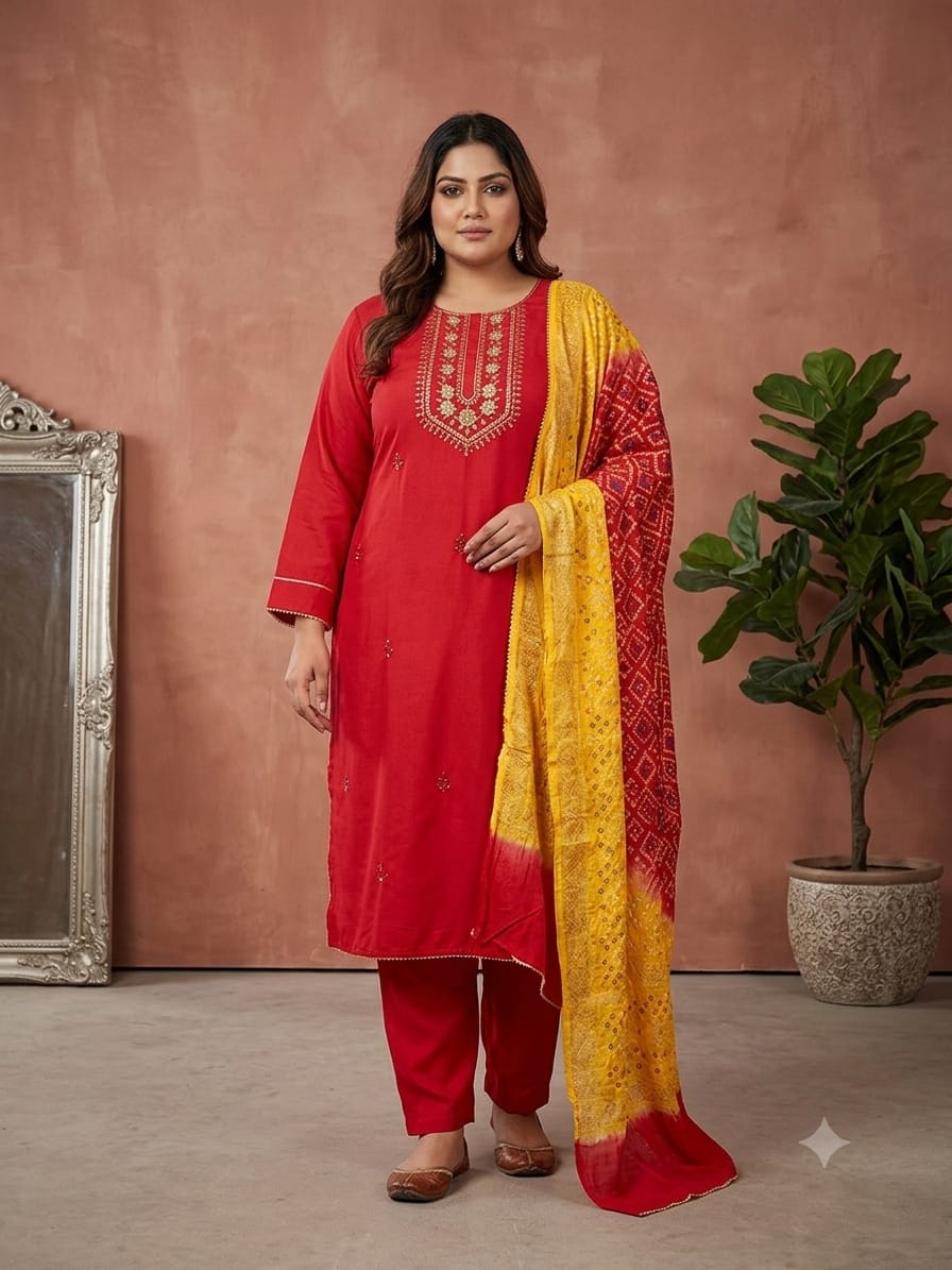 Women's Red Crepe Silk Hand Work Straight Suit Set with Designer Bandhani Dupatta (3XL–8XL)