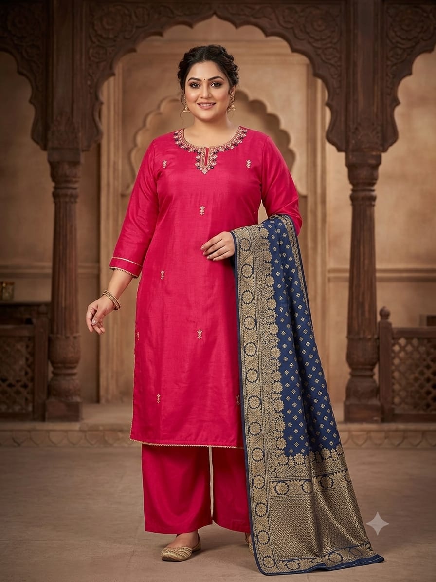 Women's Rani Pink Crepe Silk Hand Work Straight Suit Set with Premium Banarasi Dupatta (3XL–8XL)