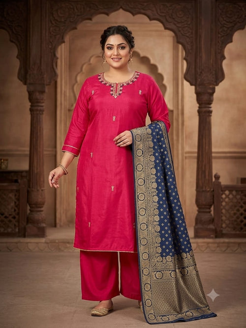 Women's Rani Pink Crepe Silk Hand Work Straight Suit Set with Premium Banarasi Dupatta (3XL–8XL)