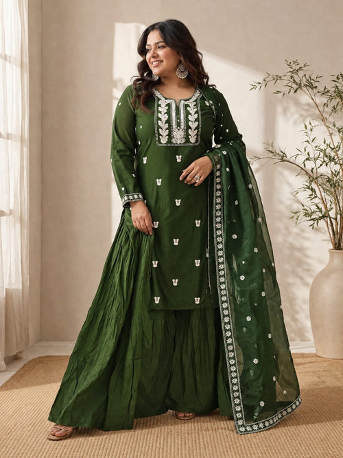 Women's Dark Green Pure Crepe Heavy Embroidery Kurta Sharara Set with Dupatta (3XL–8XL)