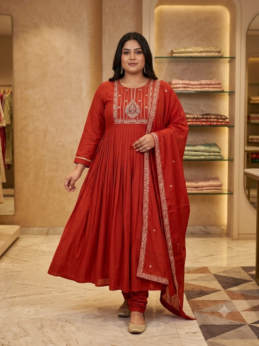 Women's Rust Orange Mal Chanderi Heavy Machine Work Anarkali Suit Set with Dupatta (3XL–8XL)