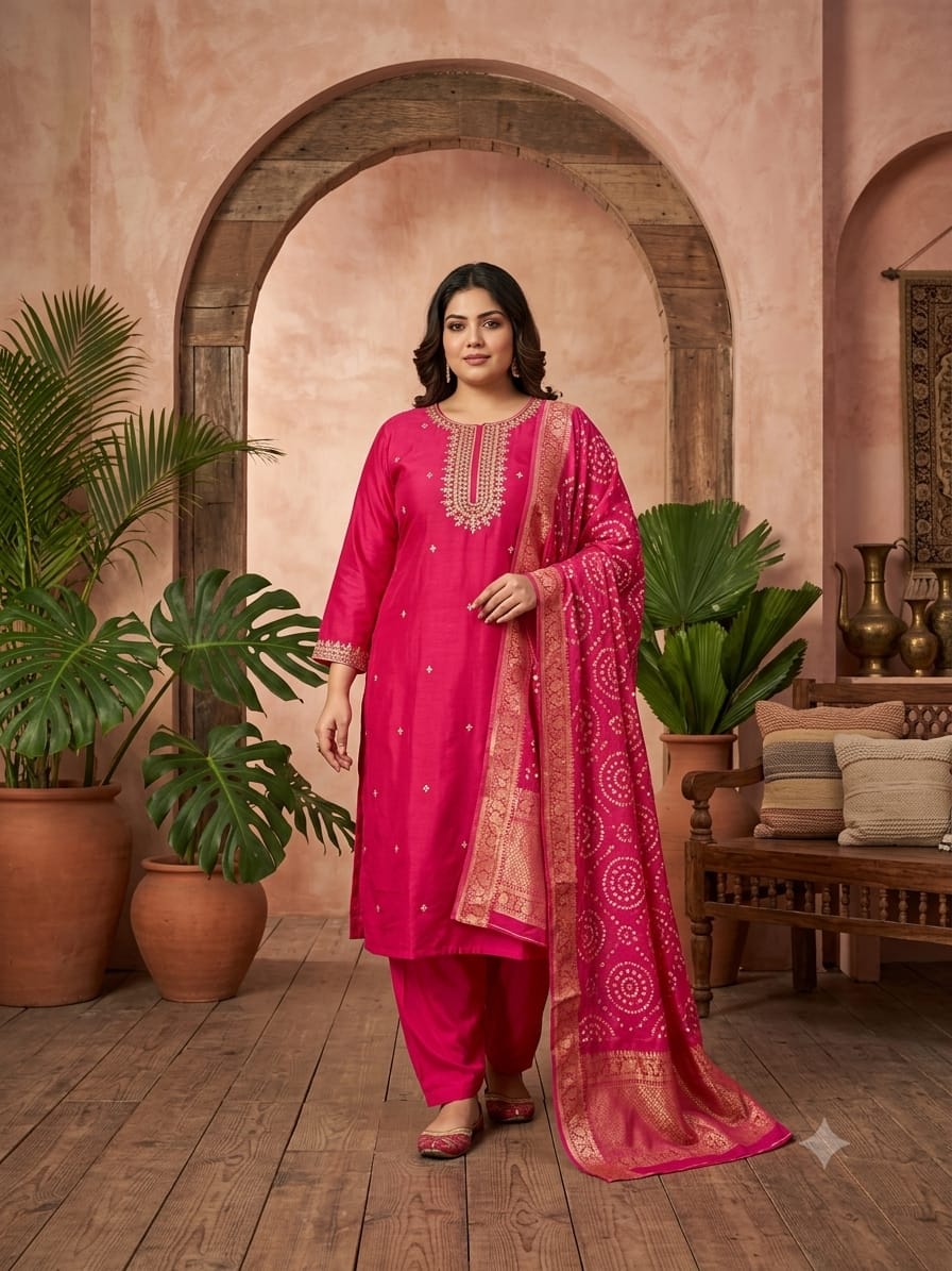 Women's Rani Pink Mal Chanderi Straight Suit Set with Banarasi Dupatta (3XL–8XL)