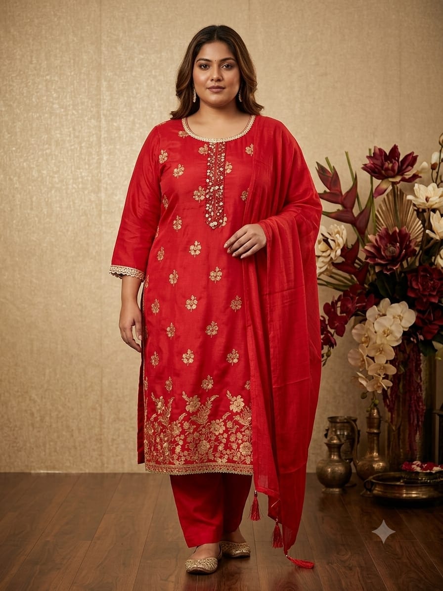 Women's Red Russian Silk Embroidered Straight Suit Set with Dupatta (3XL–8XL)
