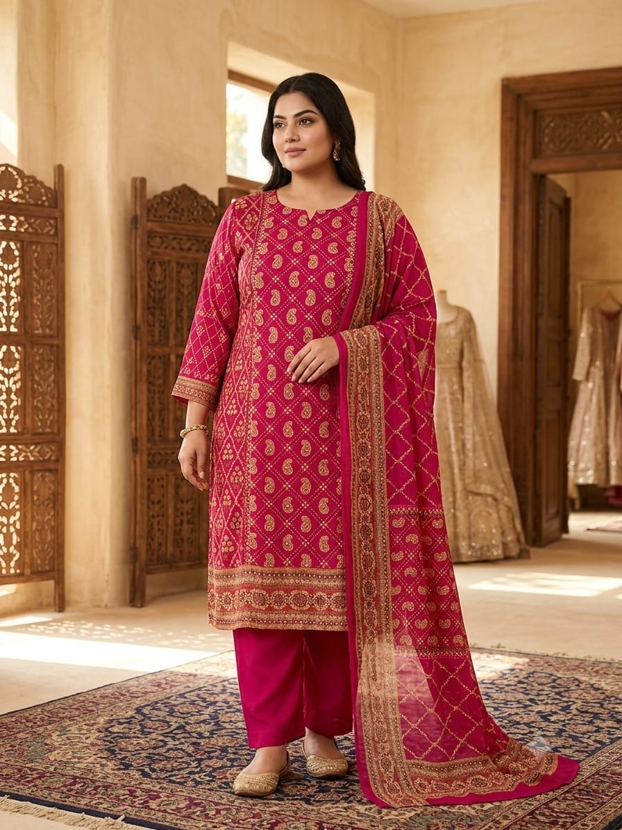 Women's Rani Pink Crepe Silk Hand Work Straight Suit Set with Designer Dupatta (3XL–8XL)