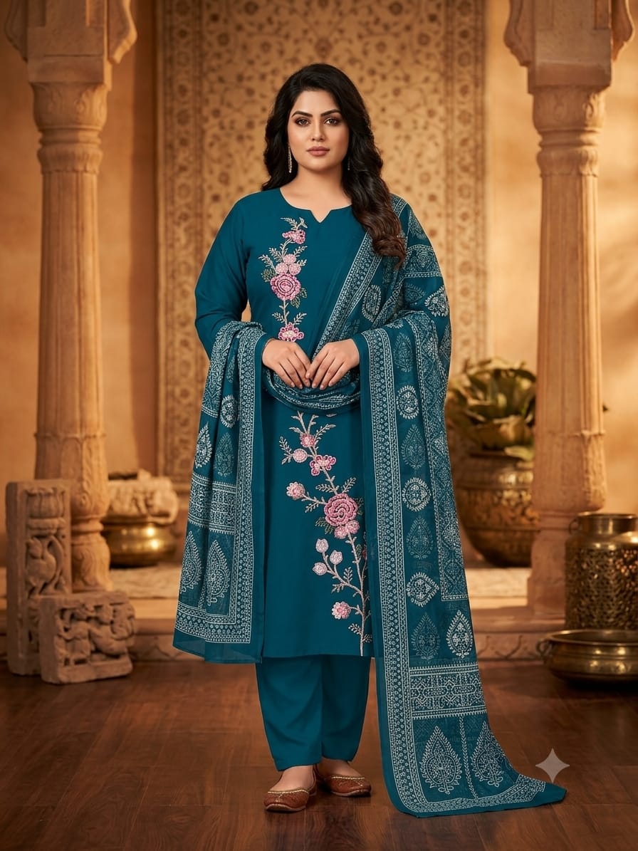 Women's Teal Blue Dola Silk Heavy Machine Embroidered Suit Set with Printed Dupatta (3XL–8XL)