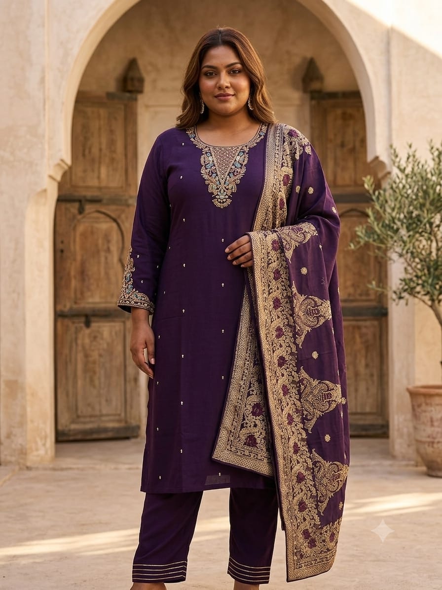 Women's Royal Purple Roman Silk Heavy Machine Work Suit Set with Heavy Designer Dupatta (3XL–8XL)