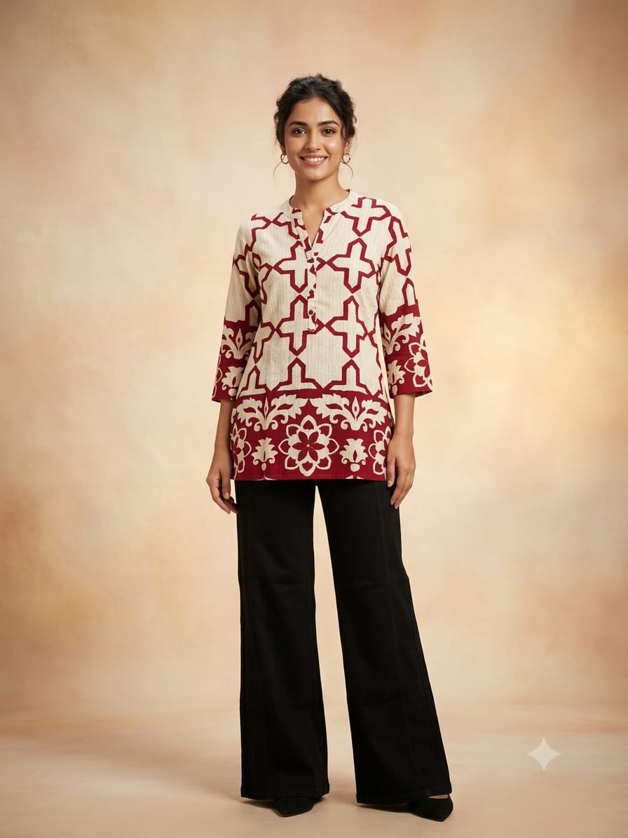 Women’s Printed Rayon Tunic Top | Casual Ethnic Kurti | Maroon & Cream | Sizes M to 5XL
