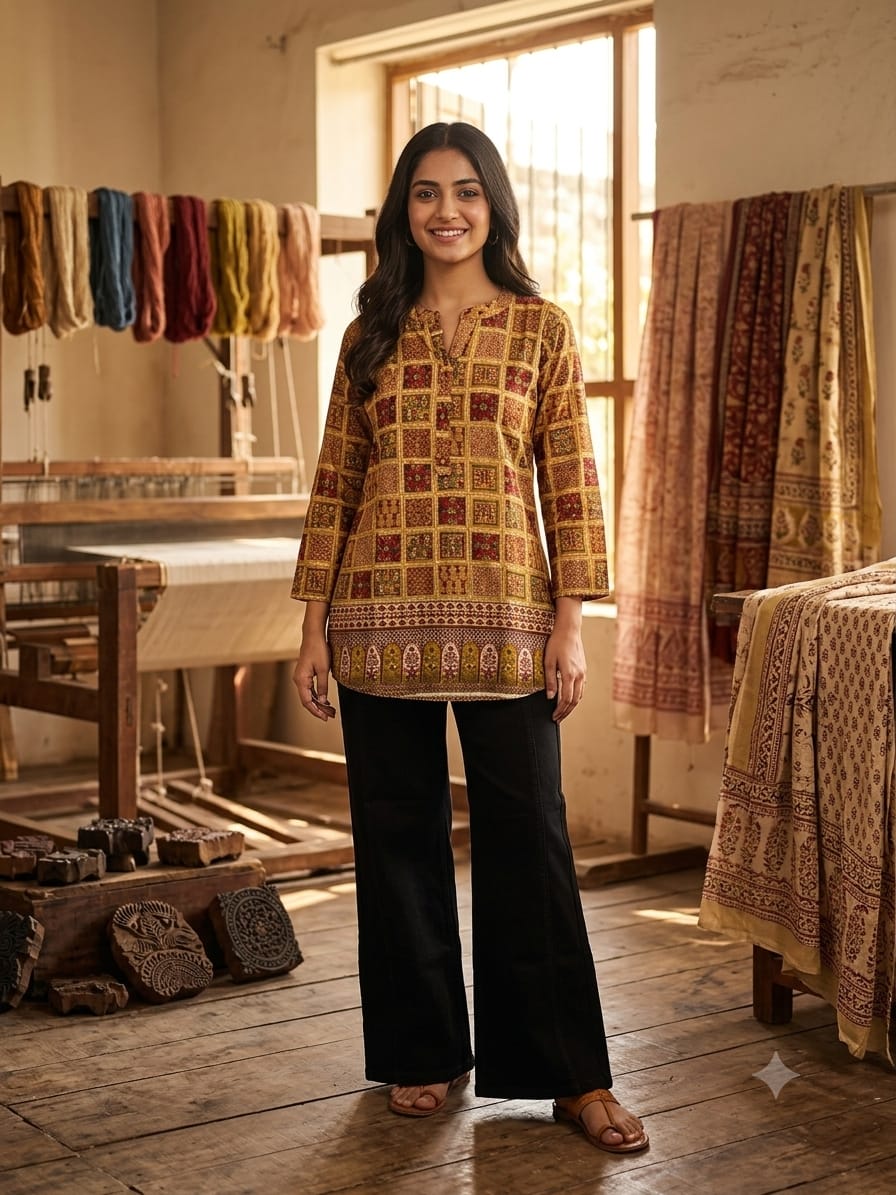 Women’s Gajji Silk Printed Tunic Top | Premium Ethnic Kurti | Mustard & Maroon | Sizes M to 5XL
