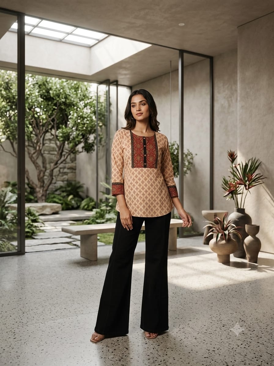 Women’s Cotton Printed Tunic Top | Casual Ethnic Kurti | Beige & Maroon | Sizes M to 5XL