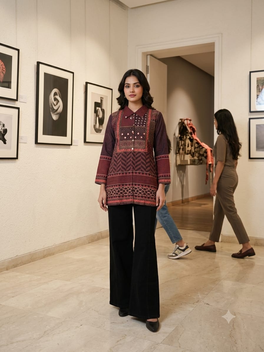 Women’s Classic Silk Printed Tunic Top | Premium Ethnic Kurti | Maroon Designer | Sizes M to 5XL