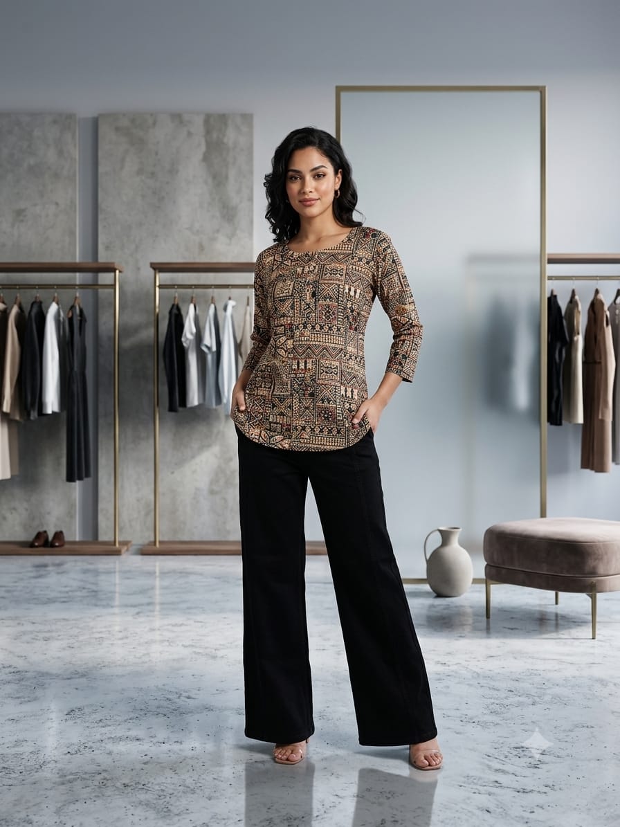 Women's Brown Digital Print Rayon Tunic Top | Casual Ethnic Wear | 3/4 Sleeve | Sizes M to 5XL