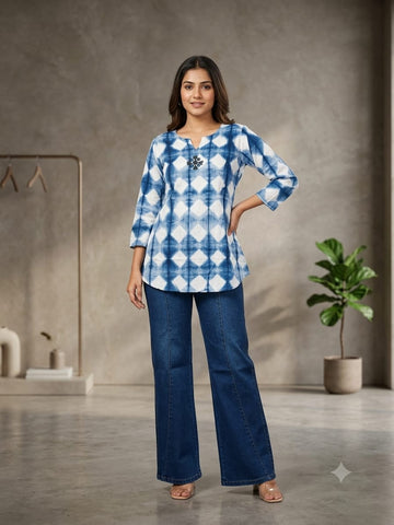Women's Blue Tie Dye Mal Cotton Tunic Top | Casual 3/4 Sleeve Summer Wear | Sizes M to 5XL