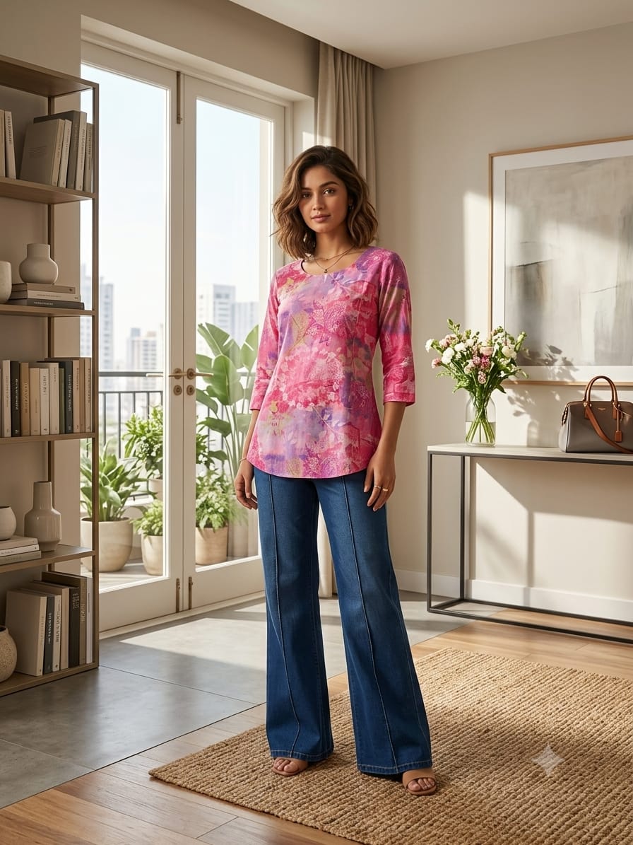 Women's Pink Floral Linen Cotton Tunic Top | Casual 3/4 Sleeve Summer Wear | Sizes M to 5XL