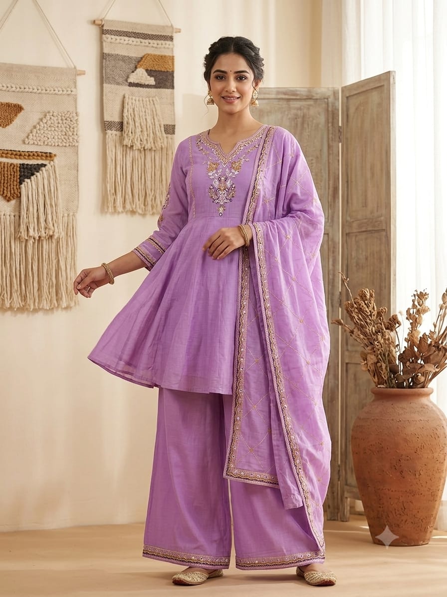 Women's Lavender Pure Chanderi Silk Embroidered Anarkali Suit Set with Palazzo & Dupatta (M–3XL)
