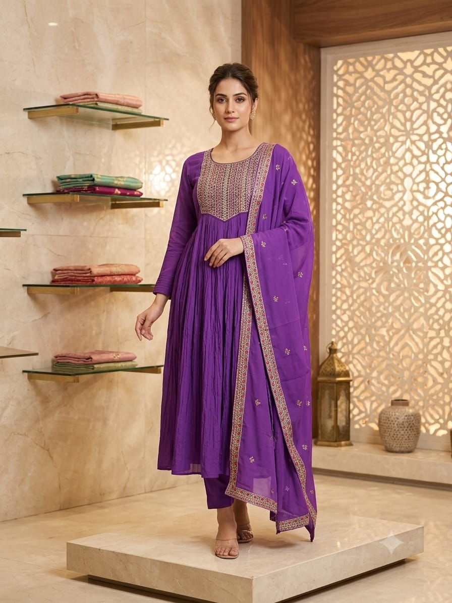 Women's Royal Purple Pure Pashmina Silk Embroidered Anarkali Suit Set with Dupatta (M–XXL)