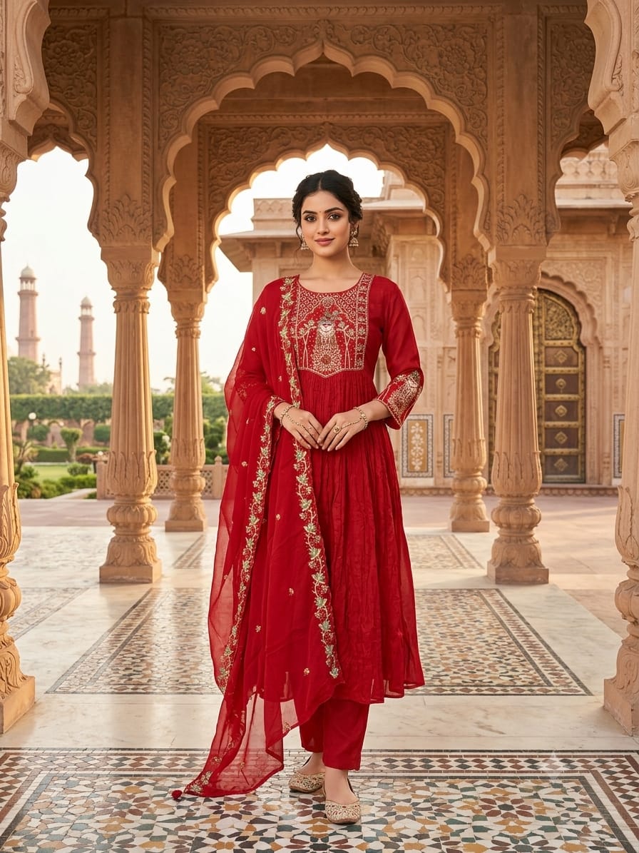 Women's Red Pure Pashmina Silk Heavy Hand Work Anarkali Suit Set with Dupatta (M–XXL)