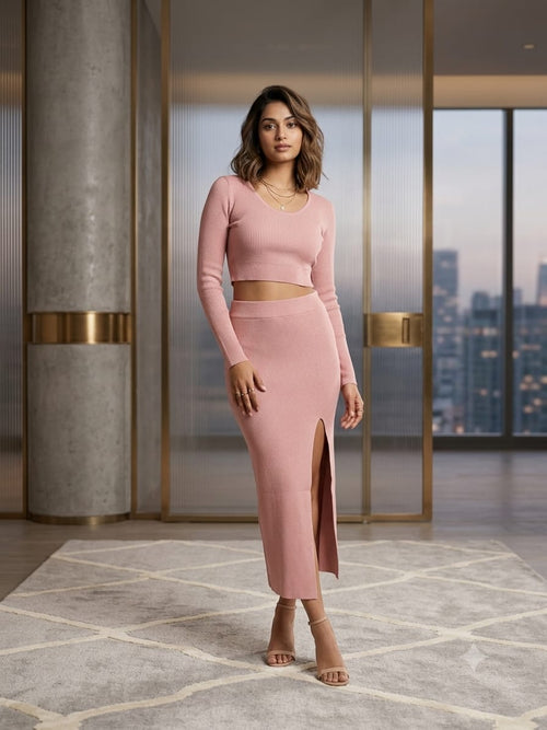 Blush Pink Imported Ribbed Co-Ord Set for Women | Long Sleeve Crop Top & Side Slit Midi Skirt | Free Size (M-XL)