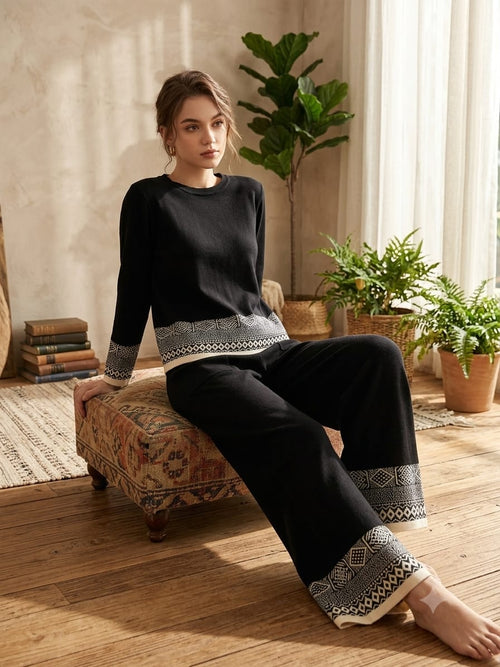 Black Imported Knit Lounge Co-Ord Set for Women | Full Sleeve Top & Wide Leg Pants | Free Size (L-XL)