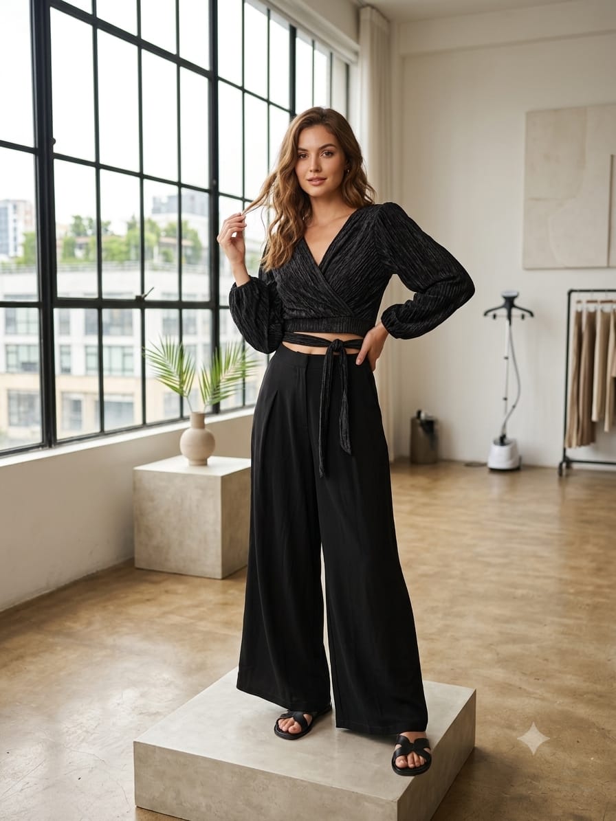 Black Imported Co-Ord Set for Women | Wrap Crop Top & Wide Leg Palazzo Pants | Free Size (L-XL)