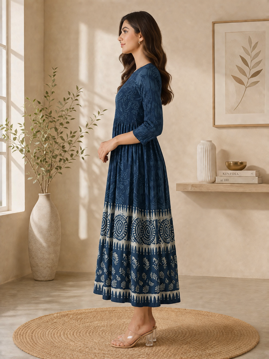 Women's Navy Blue Printed A-Line Cotton Blend Midi Dress | 3/4 Sleeves | Casual & Ethnic Wear